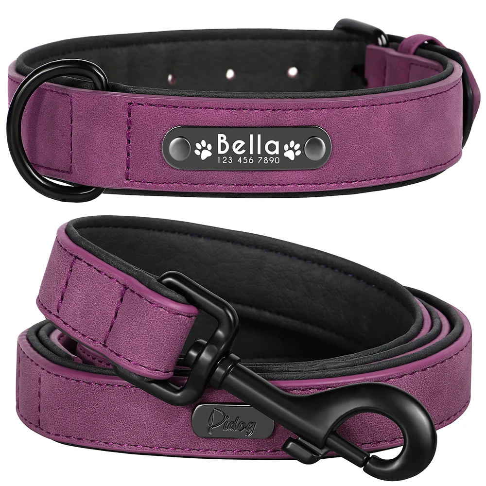 Personalized Dog Collar Leash Set Custom Leather Dog ID Collar