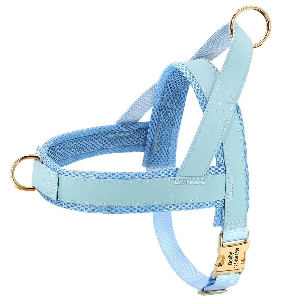 Personalized Large Dog Harness Adjustable Engraved Mesh Leather Pet Harness Vest