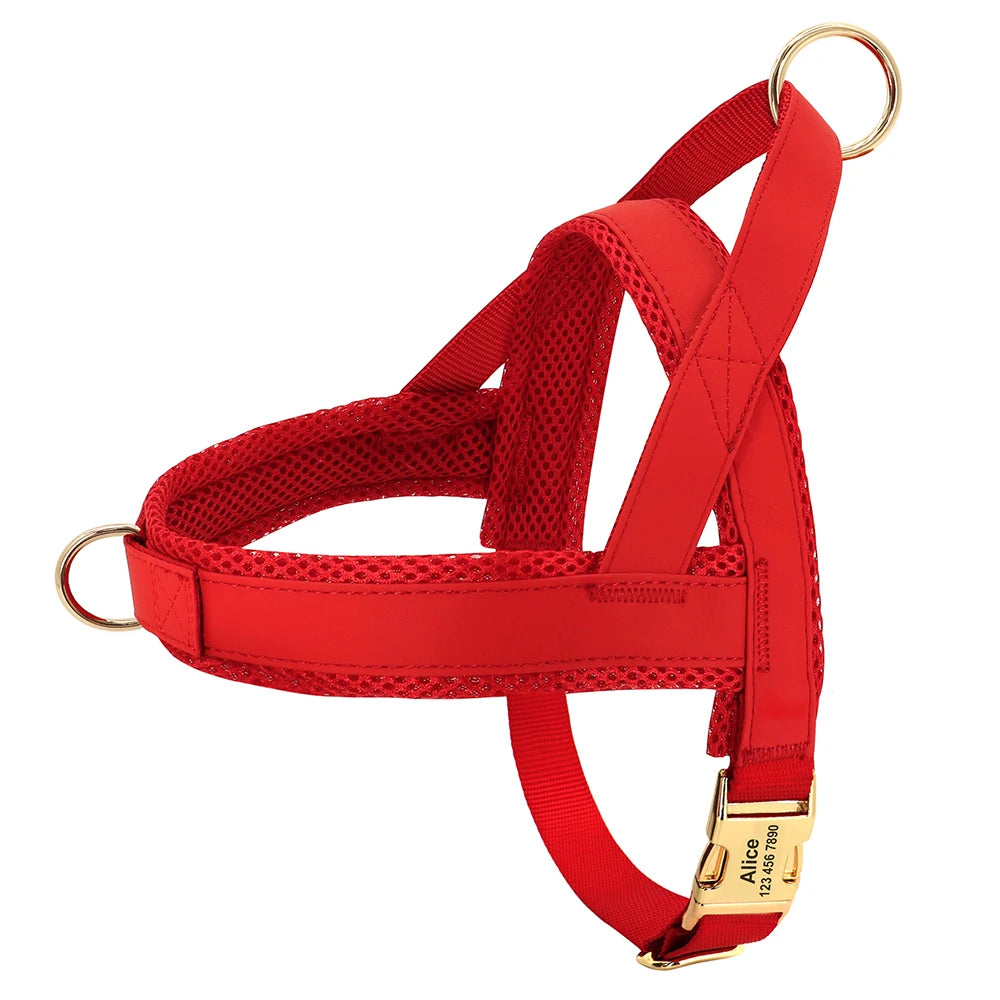 Personalized Large Dog Harness Adjustable Engraved Mesh Leather Pet Harness Vest