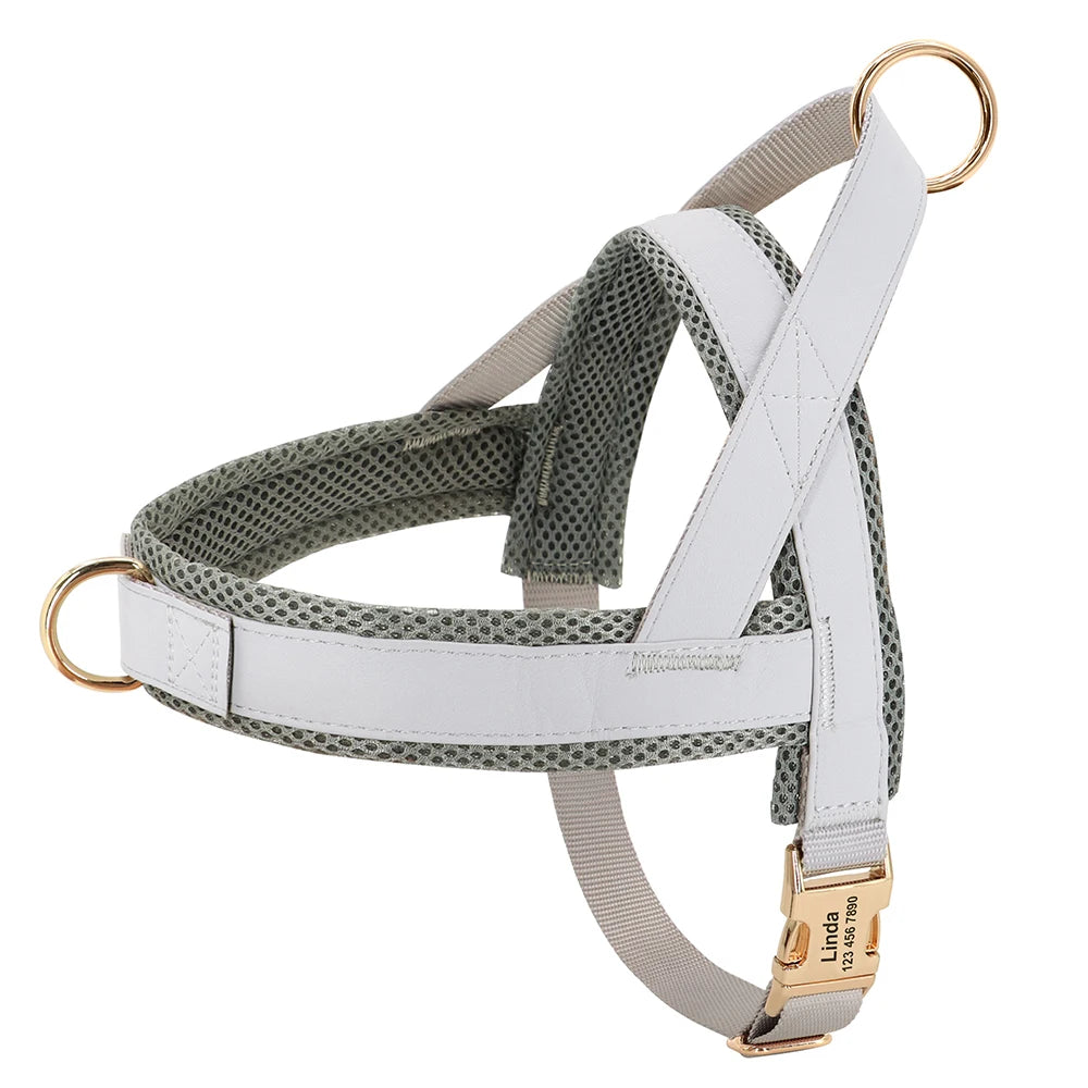 Personalized Large Dog Harness Adjustable Engraved Mesh Leather Pet Harness Vest