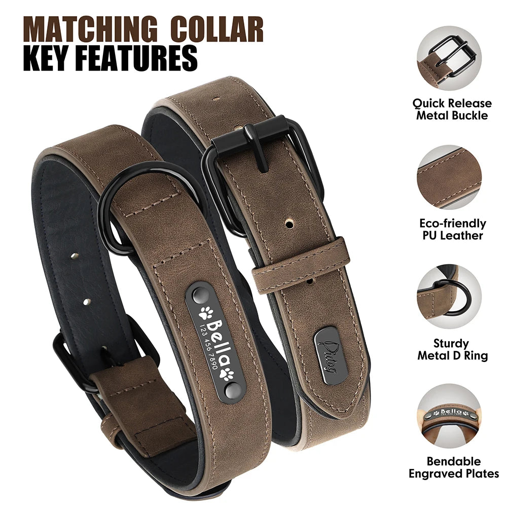 Personalized Dog Collar Leash Set Custom Leather Dog ID Collar