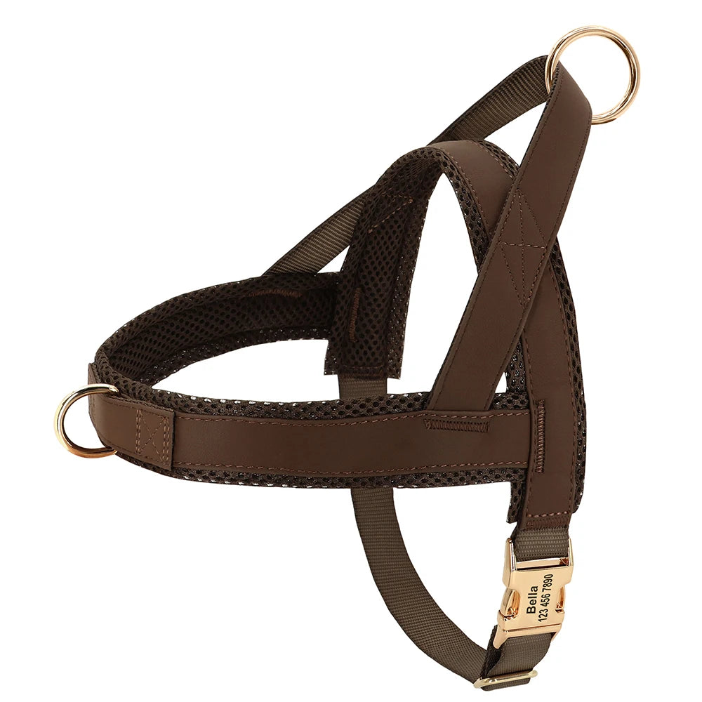 Personalized Large Dog Harness Adjustable Engraved Mesh Leather Pet Harness Vest
