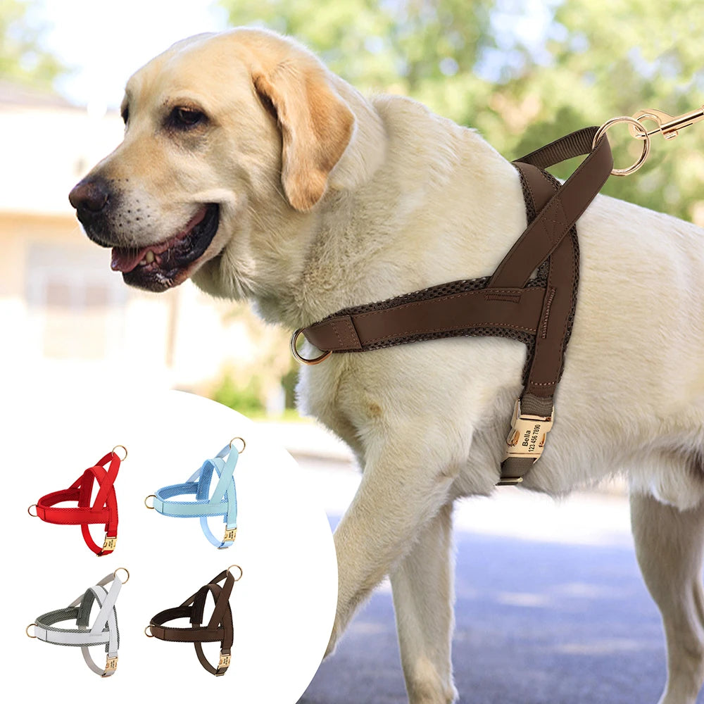 Personalized Large Dog Harness Adjustable Engraved Mesh Leather Pet Harness Vest