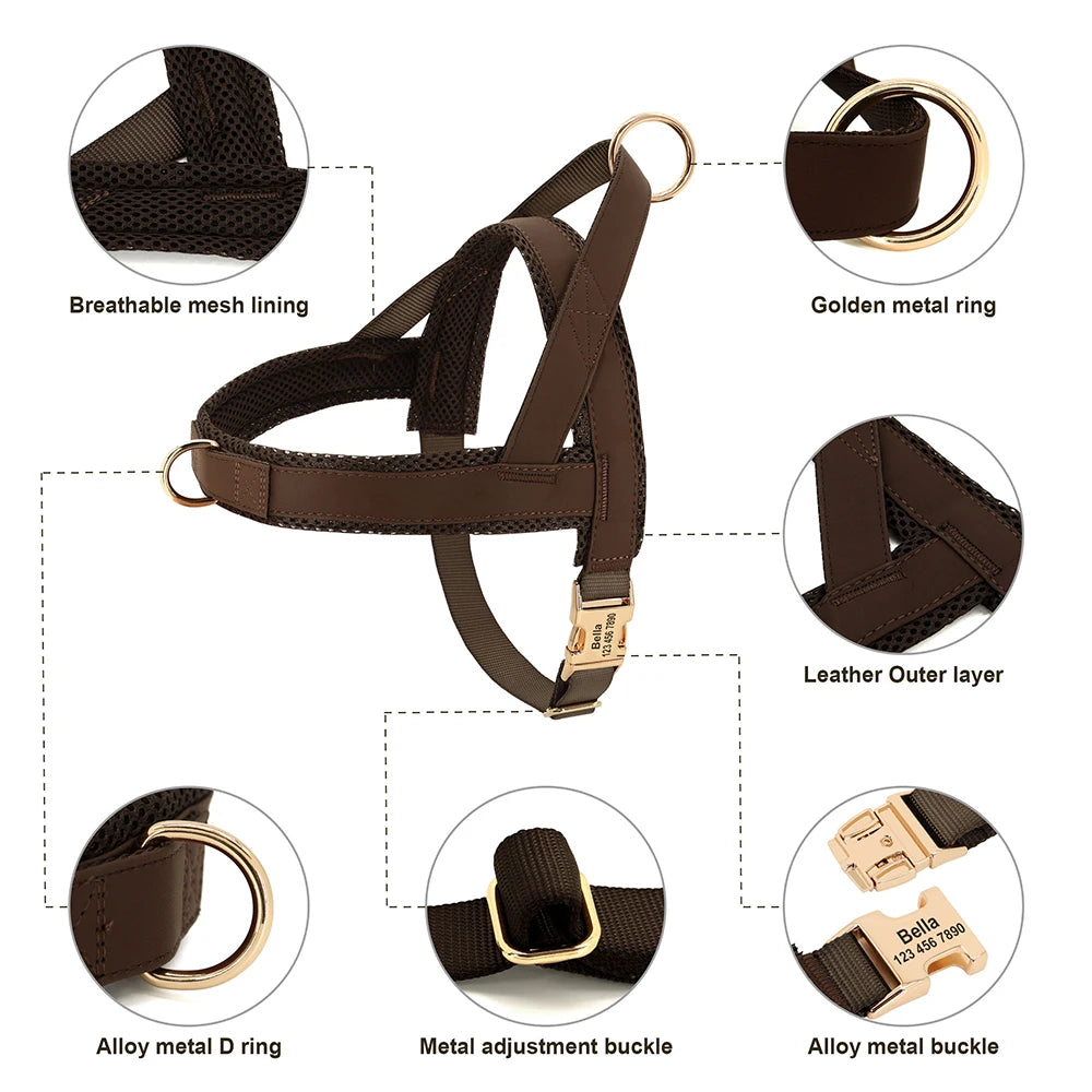 Personalized Large Dog Harness Adjustable Engraved Mesh Leather Pet Harness Vest