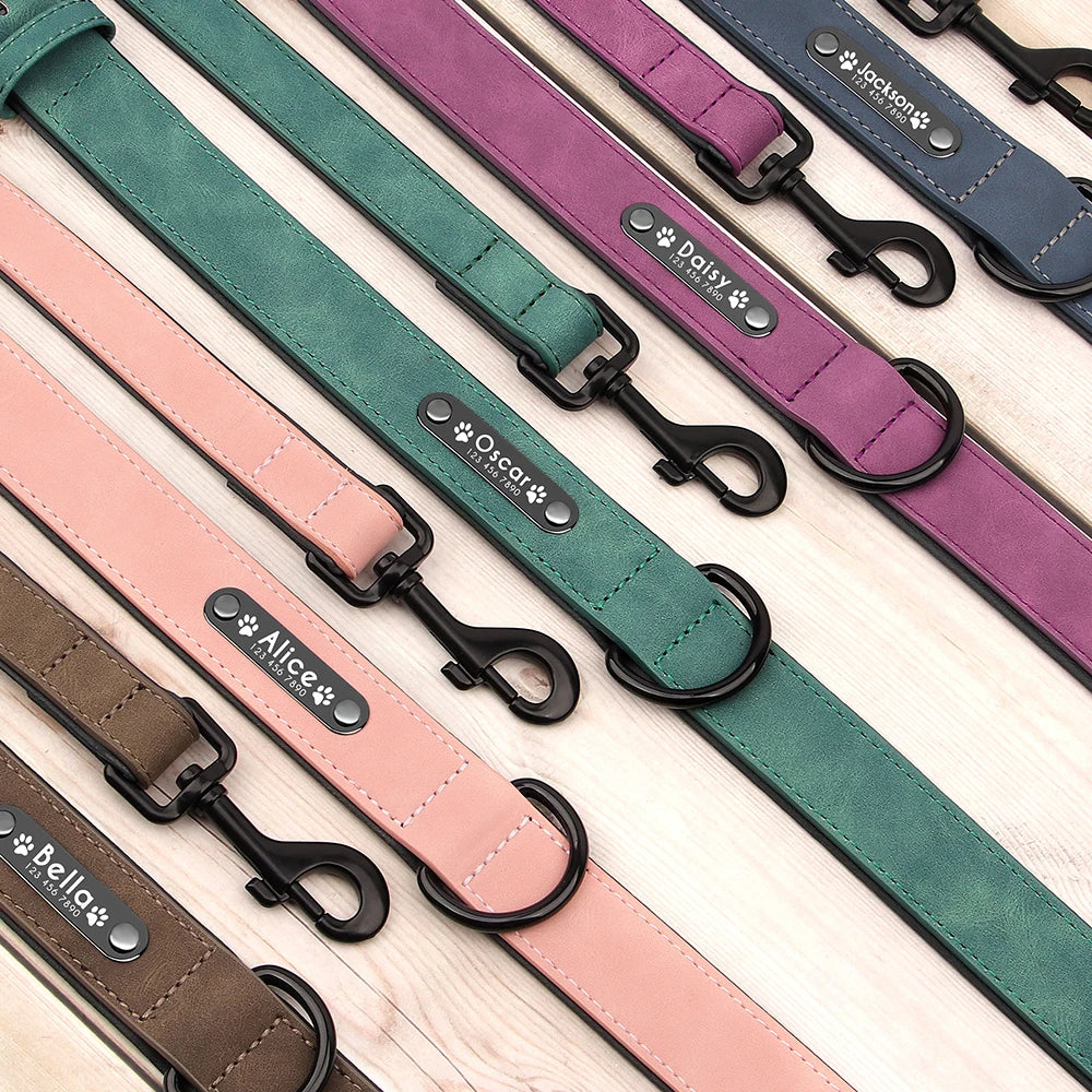 Personalized Dog Collar Leash Set Custom Leather Dog ID Collar