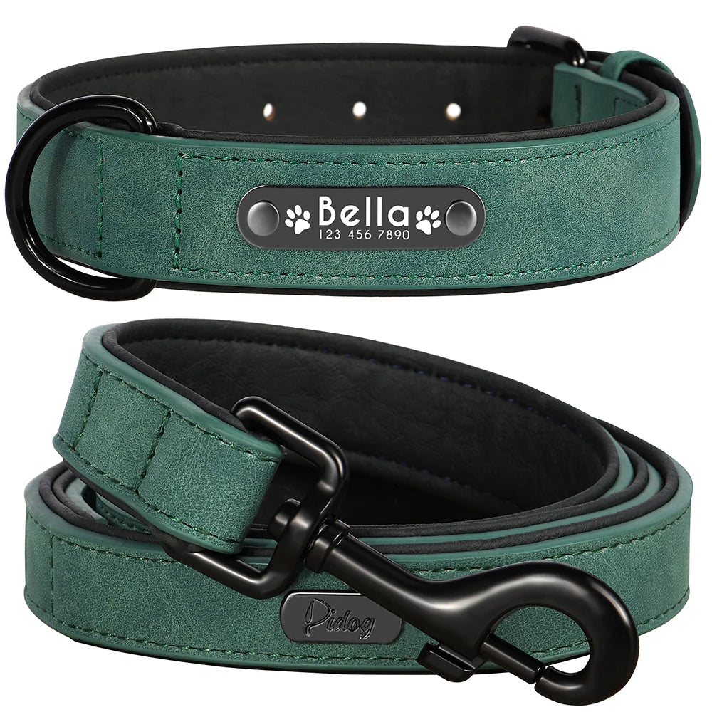 Personalized Dog Collar Leash Set Custom Leather Dog ID Collar