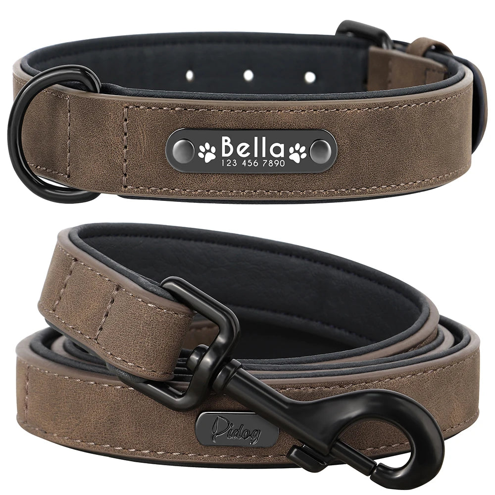 Personalized Dog Collar Leash Set Custom Leather Dog ID Collar