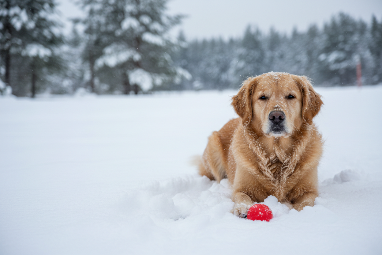 a beieg golden retriever dog lying down in the snow infornt of him a small red ball. make him lying on the right downside of the picture and make the picture real
